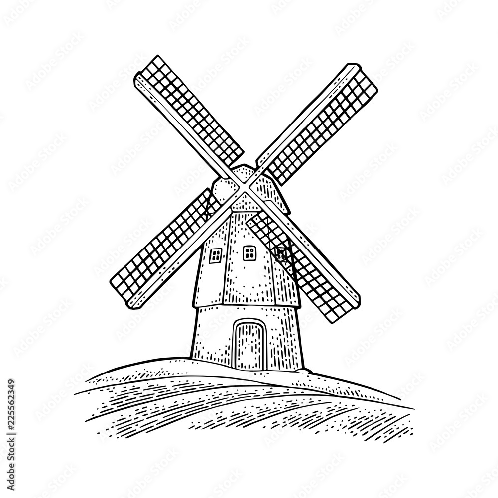Windmill on wheat field. Vintage vector black engraving illustration