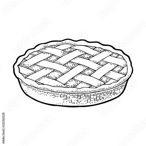 Whole homemade apple pie. Vector black vintage engraving