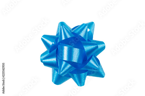 Blue gift wrap bow top view on white background