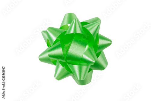 Green gift wrap bow top view on white background