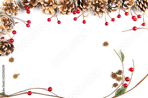 A top view of a christmas ornaments: pine cones awith red berries and curved twig on white background