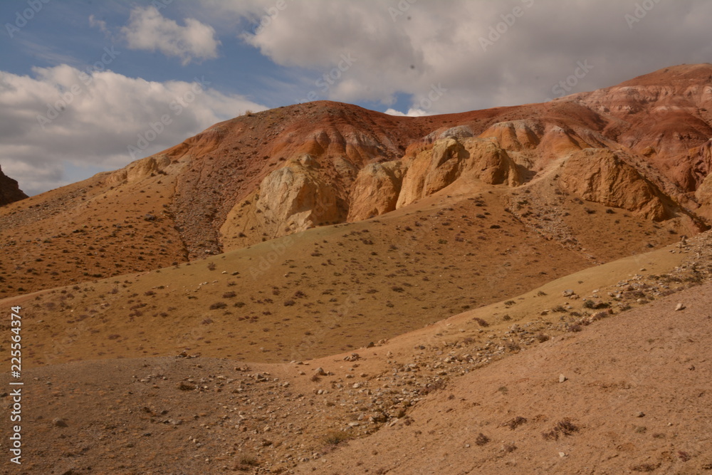 Naklejka premium mountains landscape nature landscape view sky air oxygen autumn season grass trees blue yellow sand stone gray brown ridge water river rocks rock blue Altai,Russia open space