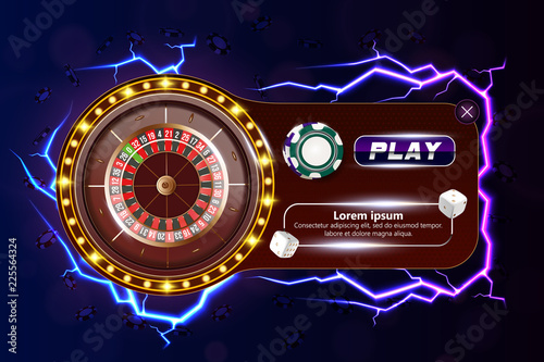 Casino poker web banner with roulette, chips, dice and play button. Casino game 3D chips. Online casino banner. Casino realistic chips. Gambling concept, poker mobile app icon. dice falling in the air