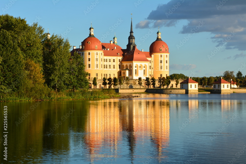 Das Schloss Moritzburg spiegelt sich im See