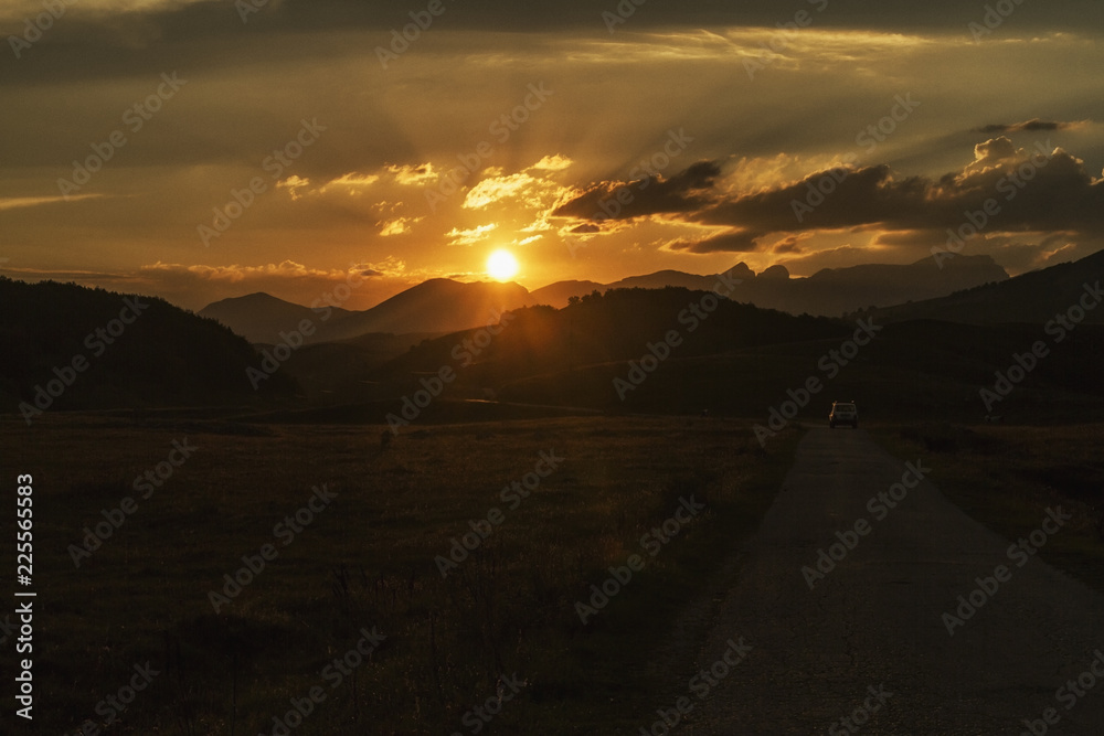 Sunset on the road to Durmitor National Park in Montenegro.