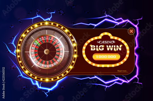 Casino poker web banner with roulette, chips, dice and play button. Casino game 3D chips. Online casino banner. Casino realistic chips. Gambling concept, poker mobile app icon. dice falling in the air