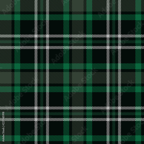 Seamless plaid pattern in black, green and white stripes.