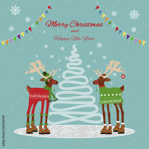 Merry Christmas postcard with two dressy deer, seasonal greetings  reindeer cartoon expression set in vector format.