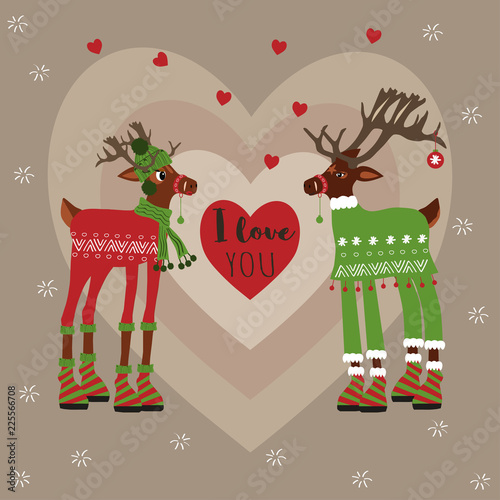 Postcard with two dressy deer whith heart and text "I love you". Seasonal greetings  reindeer cartoon expression set in vector format.