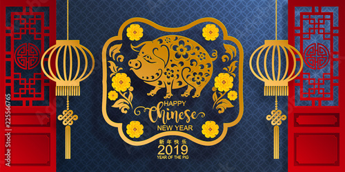 Happy chinese new year 2019 Zodiac sign with gold paper cut art and craft style on color Background.(Chinese Translation : Year of the pig)