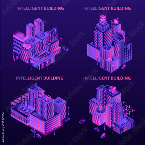 Intelligent building banner set. Isometric set of intelligent building vector banner for web design