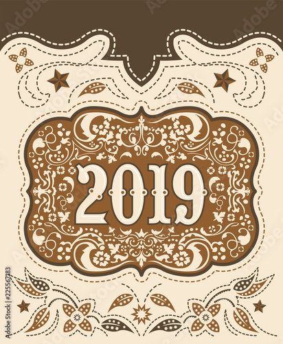 2019 Cowboy belt buckle, vintage western badge decorative background