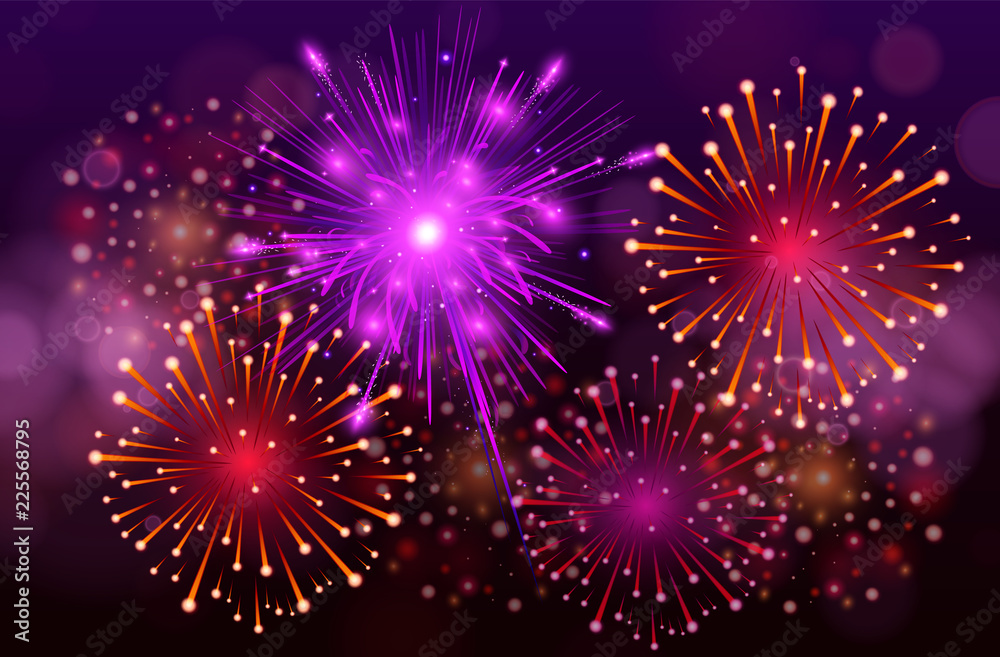 Festive Colorful fireworks on black background. Set of Vector realistic fireworks illustration. New Year Christmas firework.