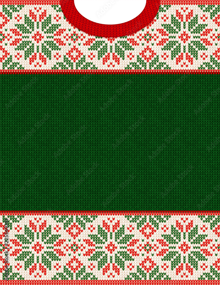 Ugly sweater Christmas Season Winter Sale Poster. Vector illustration knitted background pattern with deers snowflakes, scandinavian ornaments for advertising flyers, banners. White, red, green colors Ugly sweater Christmas Season Winter Sale Poster. Vector illustration knitted background pattern with deers snowflakes, scandinavian ornaments for advertising flyers, banners. White, red, green colors