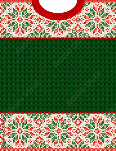 Ugly sweater Christmas Season Winter Sale Poster. Vector illustration knitted background pattern with deers snowflakes, scandinavian ornaments for advertising flyers, banners. White, red, green colors