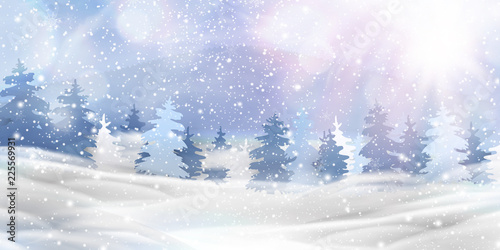 Beautiful christmas, snowy woodland landscape with snow covered firs, coniferous forest, falling snow, snowflakes for winter and new year holidays. Christmas Winter background glitter.