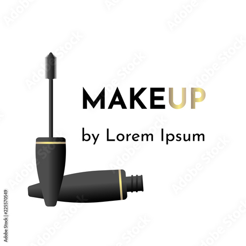 Vector illustration business card for makeup artist or salon (studio) with professional black volume mascara in a black and gold  boxing and text "Makeup by Lorem Ipsum"