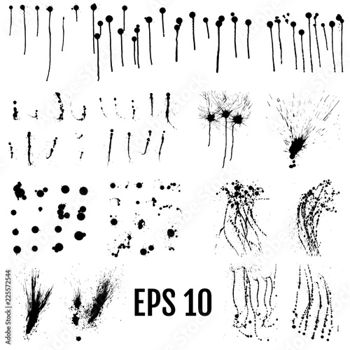 Set of black splash on white background. Grunge ink blots and drops. High quality manually traced vector illustration