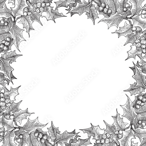 Vintage Merry christmas border. Vector  holly branches  on white background at retro hand drawn style.