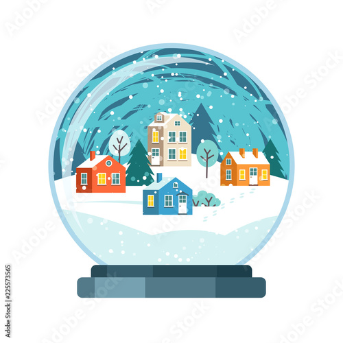 Christmas snow globe with small houses. Isolated vector illusrtation