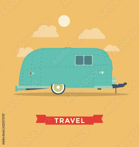Retro Style Travel Trailer on a bright Yellow Stylized Landscape - Summer Travel Concept