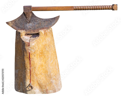 Photos The old rusty ax of the executioner on a wooden stump isolated on white backgrou
