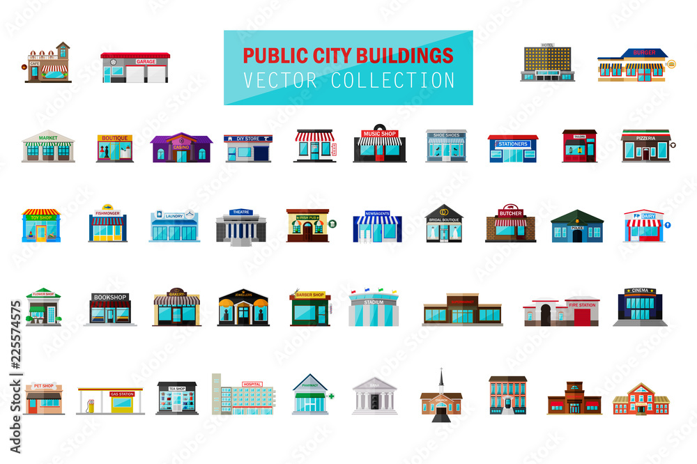 Vector flat cartoon style modern city building, market, fast food cafe, restaurant, shop, store facade, boutique with showcase icon set isolated on white background. Exterior facade buildings bundle