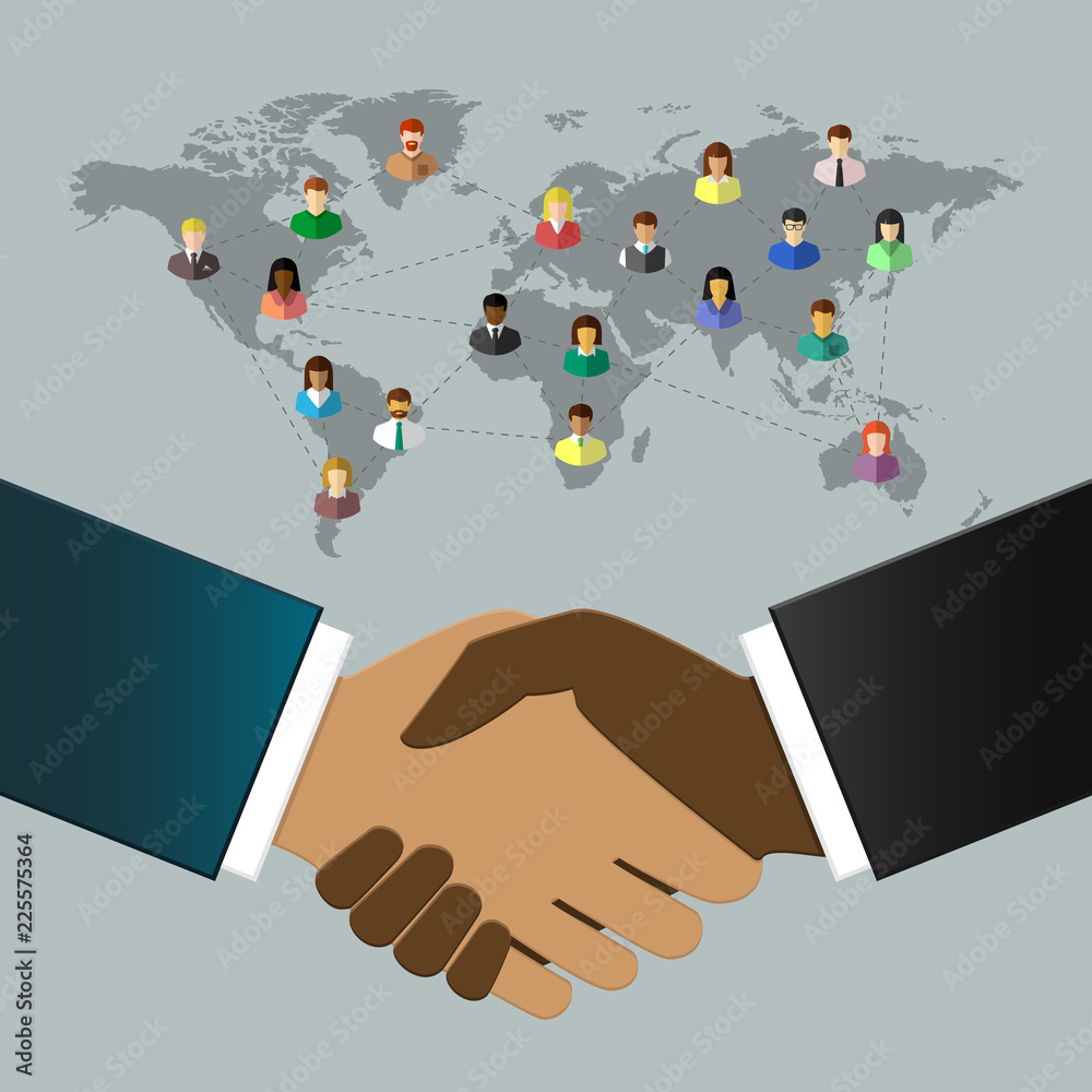 International business people shaking hands. Diverse businessmen and world map as globalization