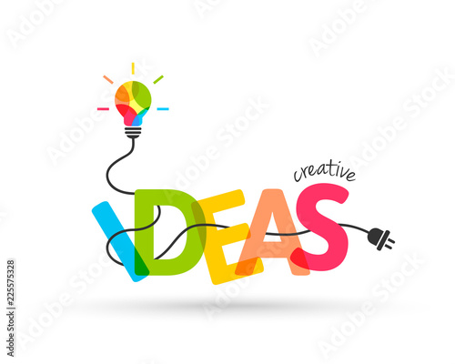 Creative ideas concept. Integrated text and lettering with light bulb made of colors.