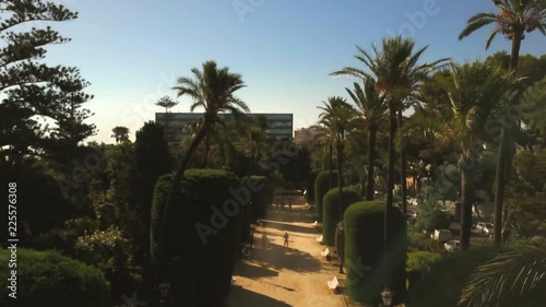 AERIAL MOVING BACKWARDS. Luxurious resort amongst palm trees. photo