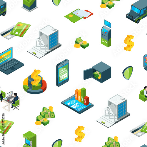 Vector isometric money flow in bank icons pattern or background illustration