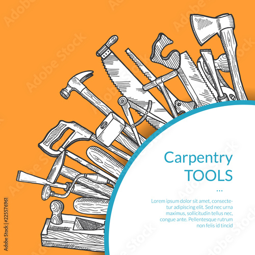 Vector hand drawn woodwork tools elements in corner under quarter circle with place for text illustration