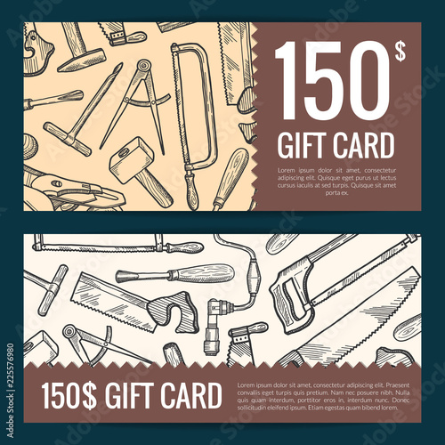 Vector hand drawn woodwork carpentry elements discount or gift voucher templates illustration