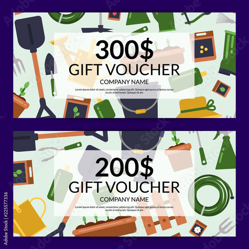 Vector flat gardening icons discount or gift voucher templates illustration