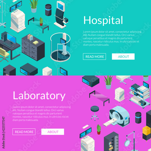 Vector isometric hospital icons web banner and page web templates illustration