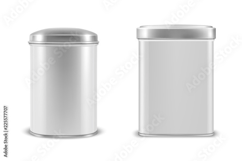Vector realistic 3d white blank metal aluminium tin can containers with silver cap rectangular or square, oval shape icon set closeup isolated on white background. Design template for graphics