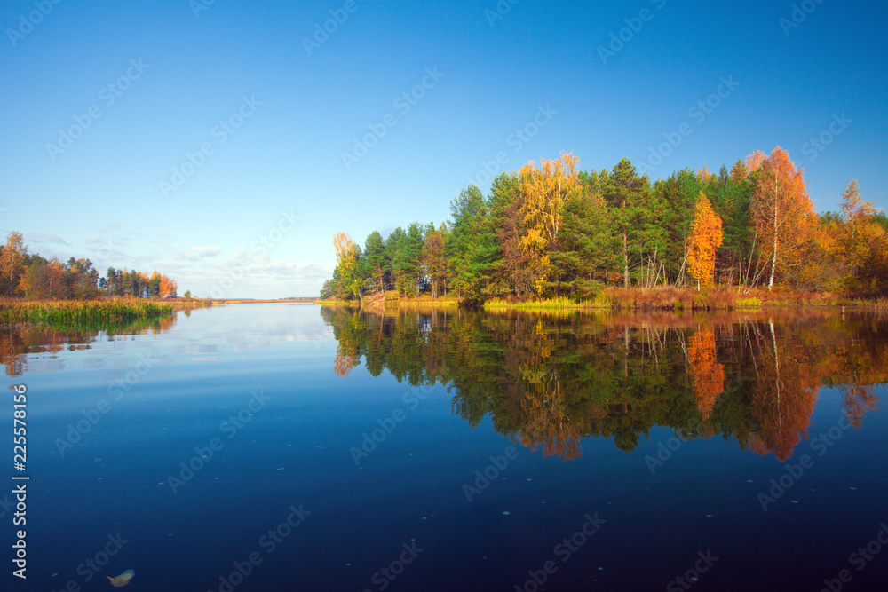Autumn island and lake