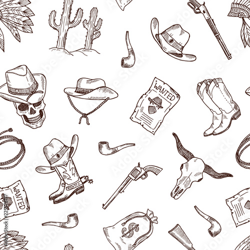 Vector hand drawn wild west cowboy monochrome seamless pattern or background illustration
