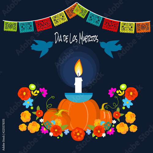 Mexican Dia de los Muertos (Day of the Dead) candle with pumpkins, greeting card, vector illustration.