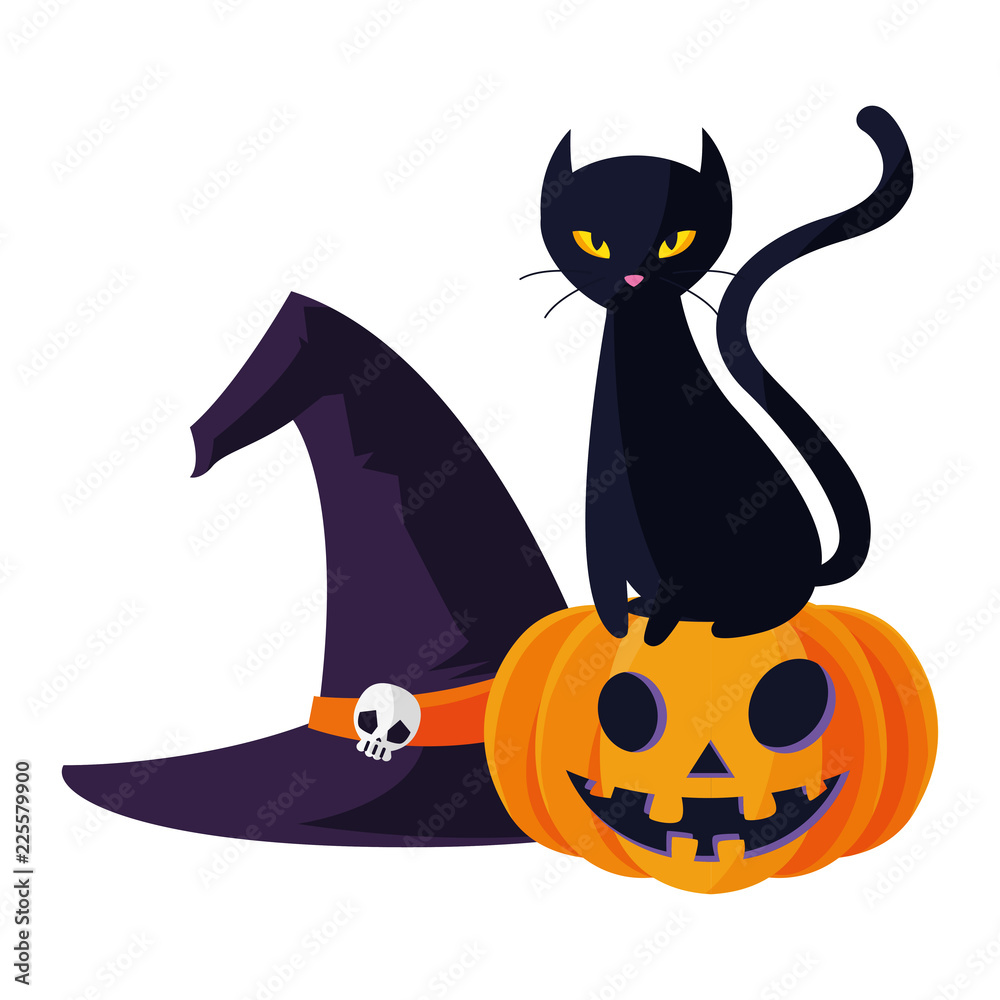 halloween black cat with pumpkin character