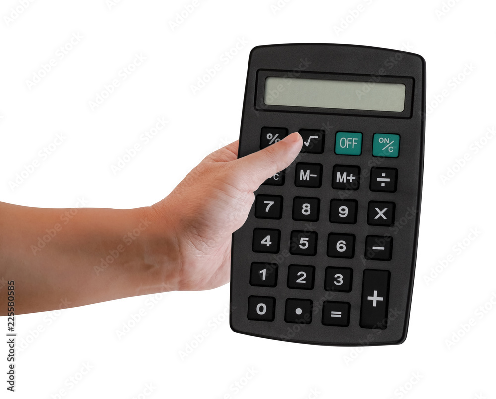 Hand of a man holding a black calculator with blank screen. Isolated on white background. Clipping Path Included Hand of a man holding a black calculator with blank screen. Isolated on white background. Clipping Path Included