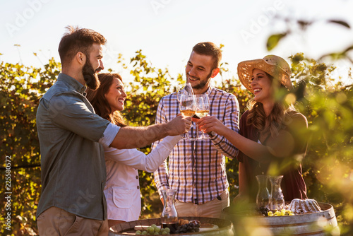 Canvas Print Happy friends having fun drinking wine at winery vineyard - Friendship concept w