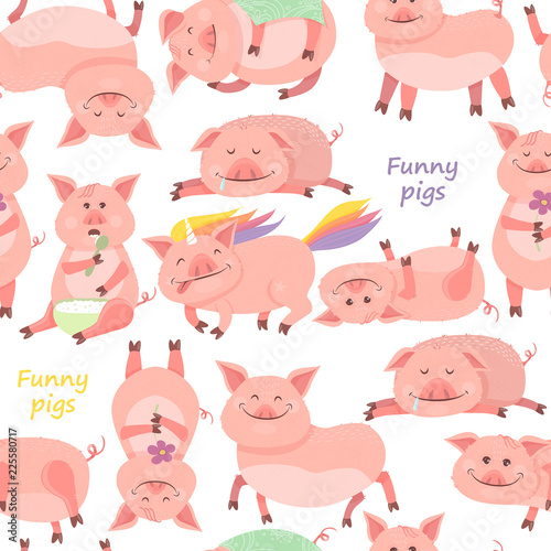 Seamless pattern with Funny Piggy symbol 2019 new year. Piglet smiles  sits  lies  eats porridge  sleeps  pig unicorn.