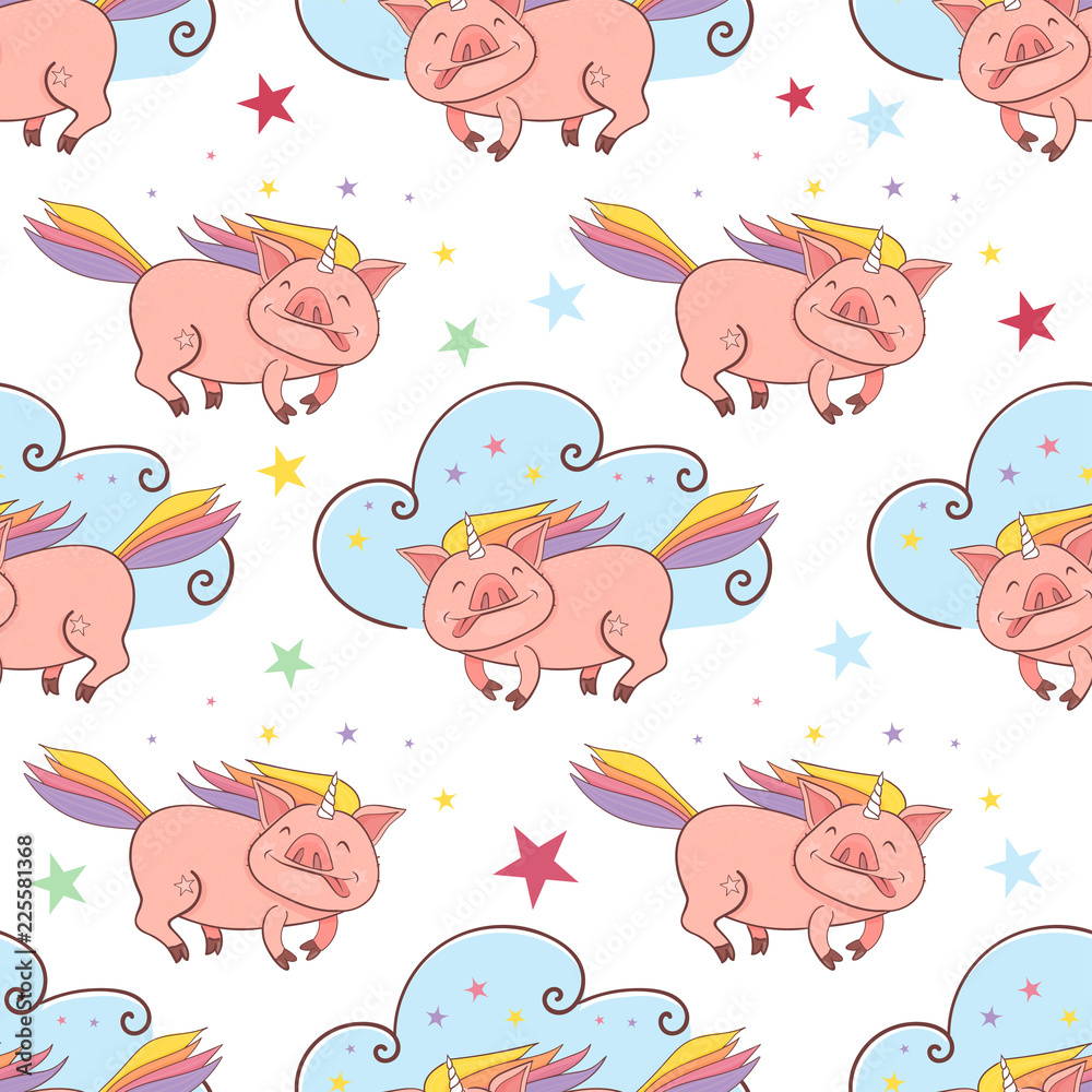 Seamless pattern with Funny Piggy symbol 2019 new year. Magic unicorn pig