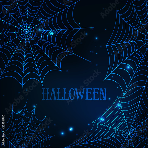 Halloween greeting card template with glowing spider webs and text on dark blue background.