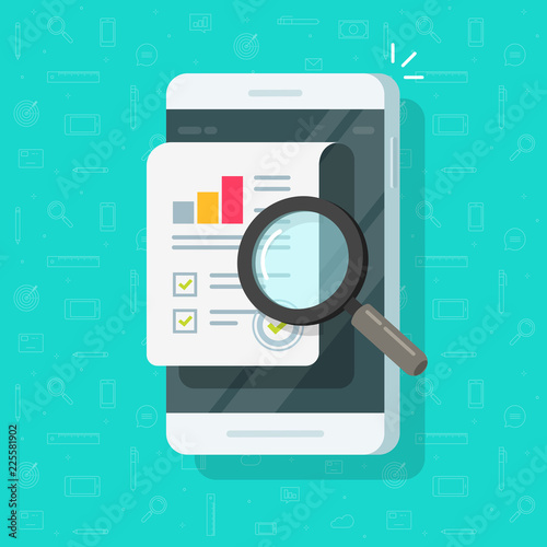 Research report results on mobile phone vector illustration, flat cartoon quality data or audit statistics on smartphone, cellphone and growth graph or chart, good financial evaluation