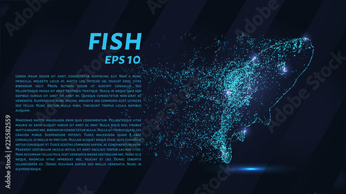 Fish particles on a dark background. Fish consists of geometric shapes. Vector illustration.