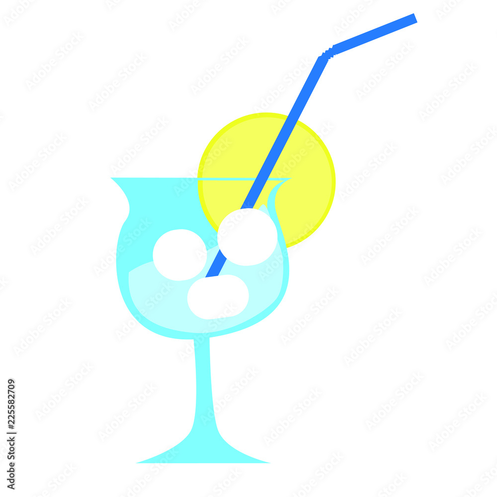 Vector cocktail glass with a slice of lemon and straw. Soft drink, cocktail, water, blue, yellow. Vector cocktail glass with a slice of lemon and straw. Soft drink, cocktail, water, blue, yellow.