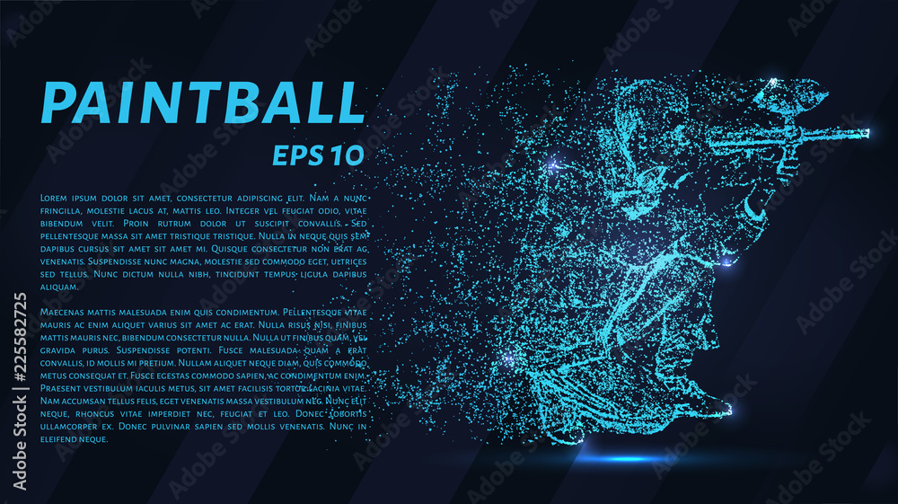 Paintball of particles on a dark background. Paintball consists of geometric shapes. Vector illustration.