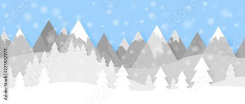 Simple seamless paper cut winter vector landscape with snowflakes, layered mountains and trees on blue background.